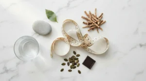 Measuring tape ashwagandha root pumpkin seeds and dark chocolate on white marble — cortisol belly fat how to reduce it naturally 2026 evidence guide