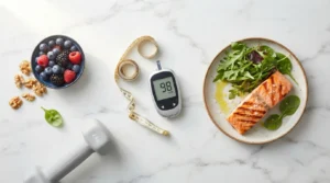 Glucose meter measuring tape grilled salmon leafy greens walnuts and berries on white marble — insulin resistance and weight loss the real connection 2026