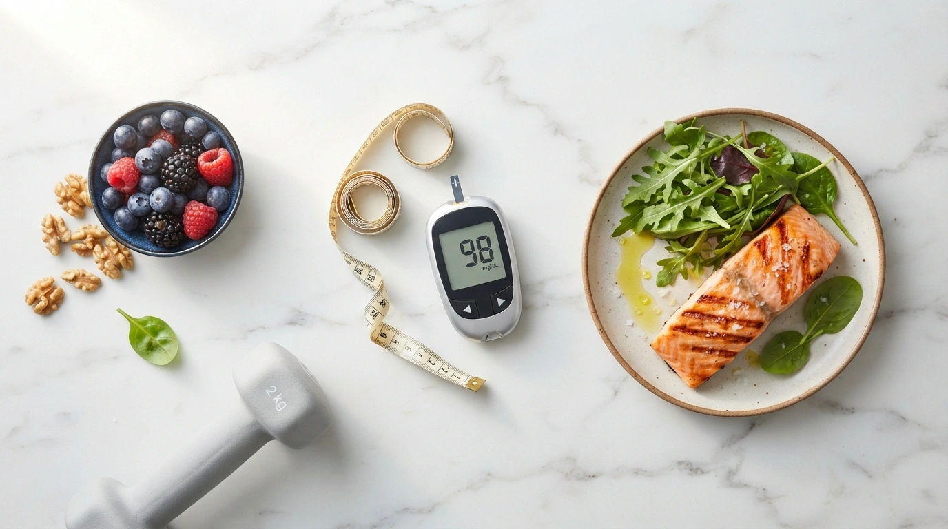 Glucose meter measuring tape grilled salmon leafy greens walnuts and berries on white marble — insulin resistance and weight loss the real connection 2026