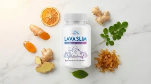 LavaSlim bottle beside turmeric ginger bitter orange moringa and seaweed on white marble — LavaSlim volcanic weight loss supplement honest review 2026