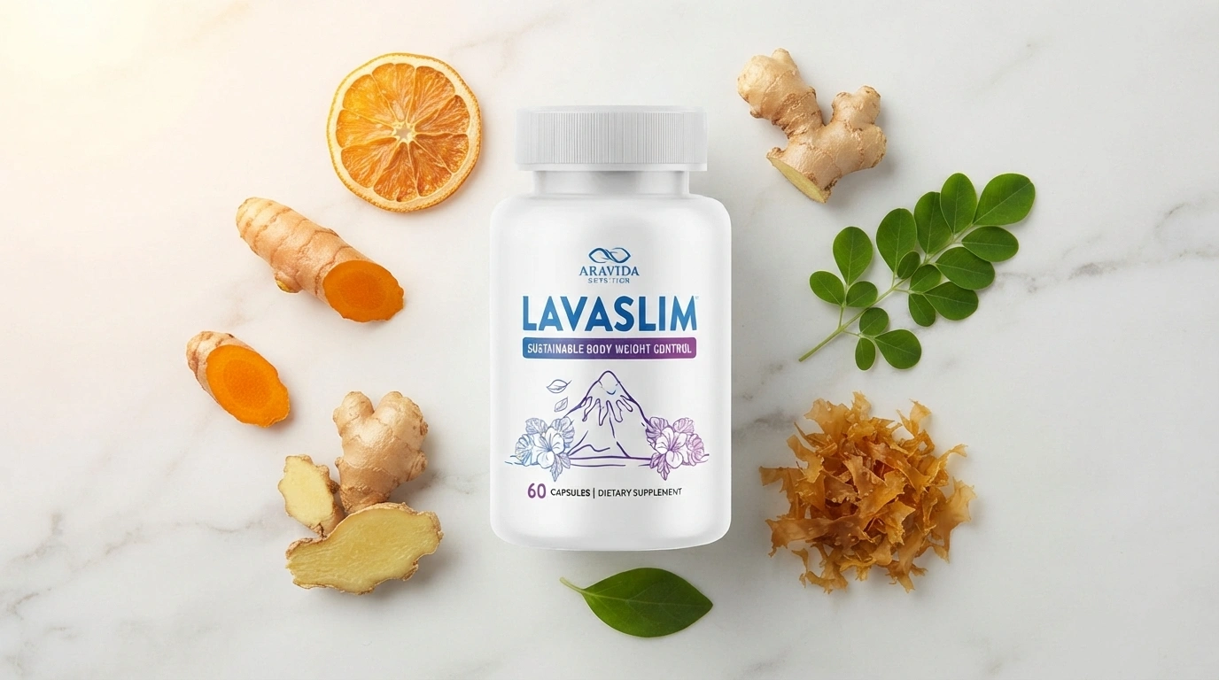 LavaSlim bottle beside turmeric ginger bitter orange moringa and seaweed on white marble — LavaSlim volcanic weight loss supplement honest review 2026