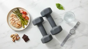 Light dumbbells grilled chicken vegetables nuts and water glass on white marble — metabolism after 40 what actually slows it down and what doesn't 2026