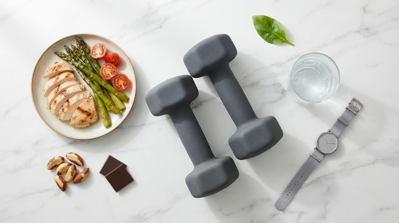 Light dumbbells grilled chicken vegetables nuts and water glass on white marble — metabolism after 40 what actually slows it down and what doesn't 2026