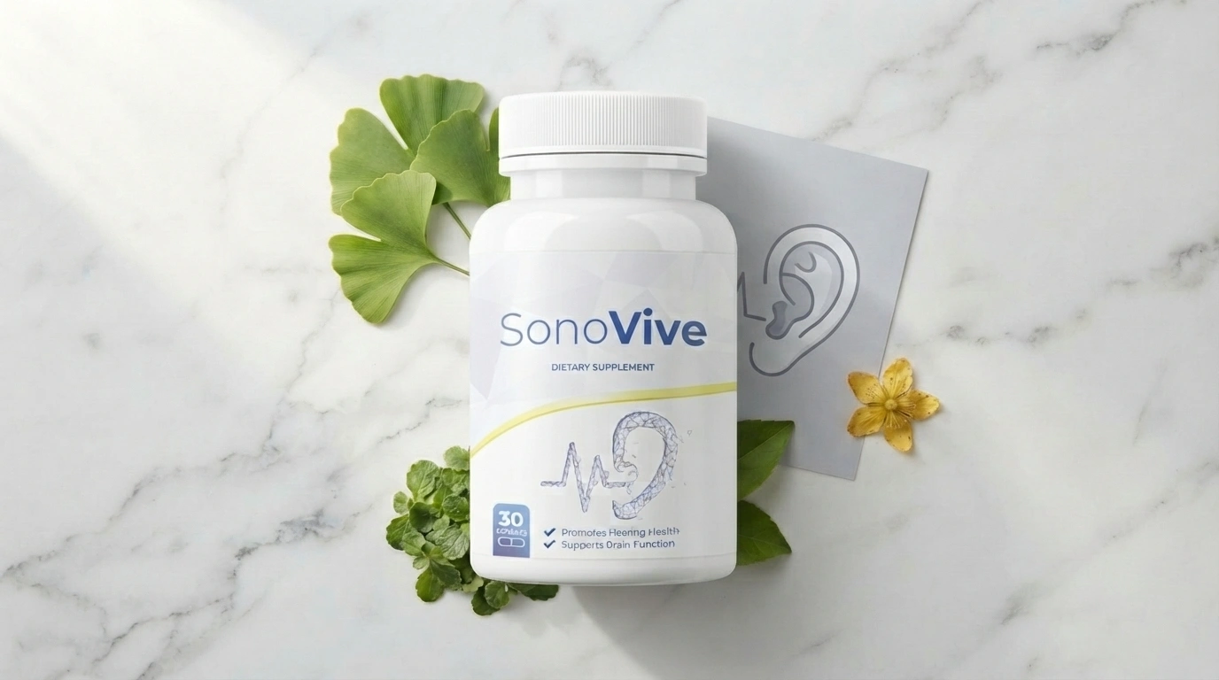 Generic supplement bottle beside ginkgo biloba bacopa monnieri and St. John's Wort on white marble — SonoVive hearing support supplement honest review 2026