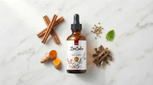 Amber dropper bottle beside cinnamon turmeric licorice root and coriander on white marble — Zensulin blood sugar supplement honest review