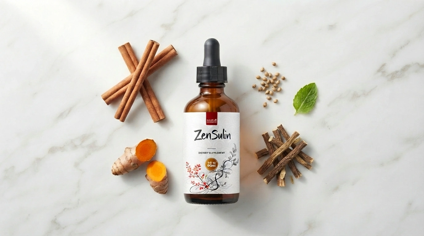 Amber dropper bottle beside cinnamon turmeric licorice root and coriander on white marble — Zensulin blood sugar supplement honest review