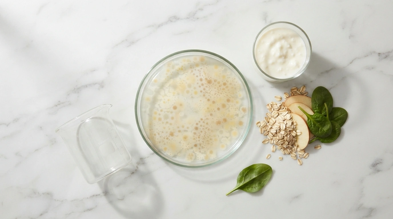 Petri dish, kefir, and fiber-rich foods on white marble — Akkermansia Muciniphila next-generation probiotic science explained 2026