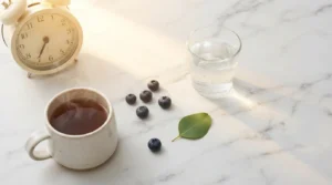 Morning light, clock, tea and berries on white marble — combat low energy real solutions for fatigue
