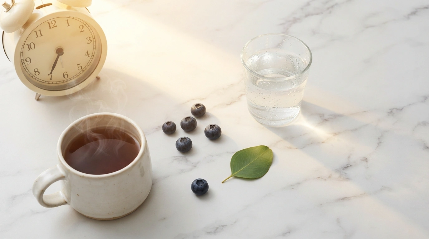 Morning light, clock, tea and berries on white marble — combat low energy real solutions for fatigue
