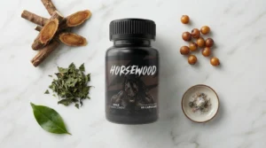 Horsewood bottle beside tongkat ali root horny goat weed and saw palmetto berries on white marble — Horsewood men's vitality supplement honest review 2026