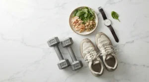 Dumbbells, walking shoes, balanced meal and clock on white marble — lifestyle strategies for metabolic balance
