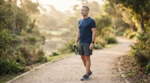 Confident man in his 40s in athletic wear during morning walk — low testosterone after 40 signs causes and what actually helps 2026
