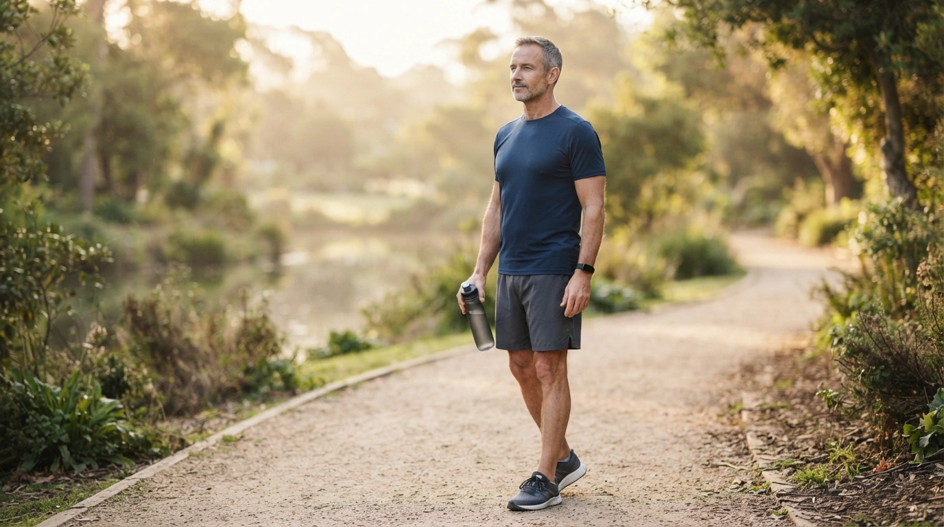 Confident man in his 40s in athletic wear during morning walk — low testosterone after 40 signs causes and what actually helps 2026
