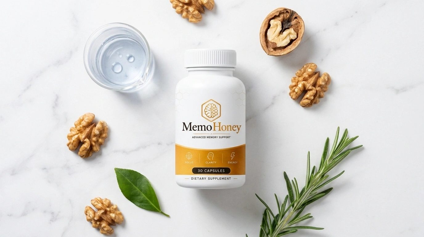 MemoHoney bottle beside walnuts rosemary and glass beaker on white marble — MemoHoney brain circulation memory supplement honest review 2026