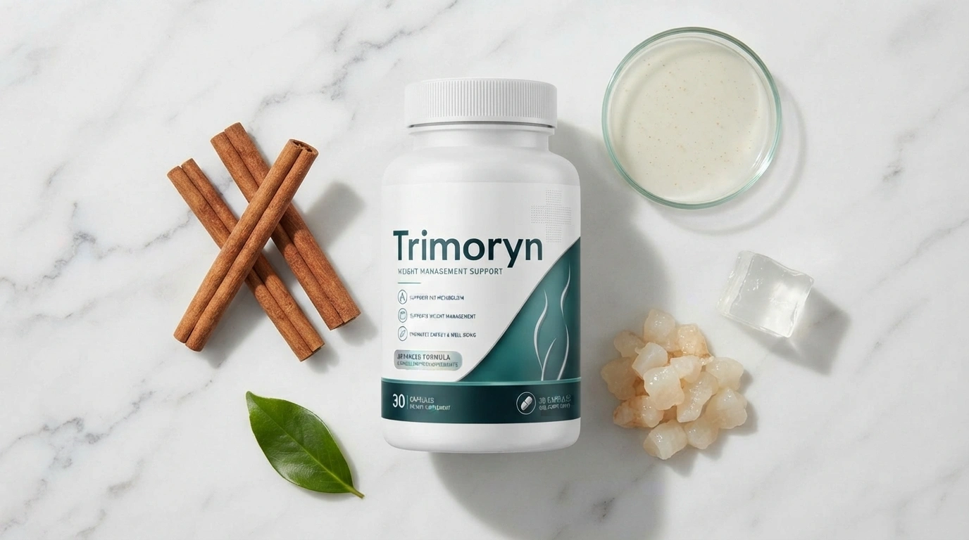 Trimoryn bottle beside cinnamon sticks and konjac fiber on white marble — Trimoryn metabolism and gut health supplement honest review 2026