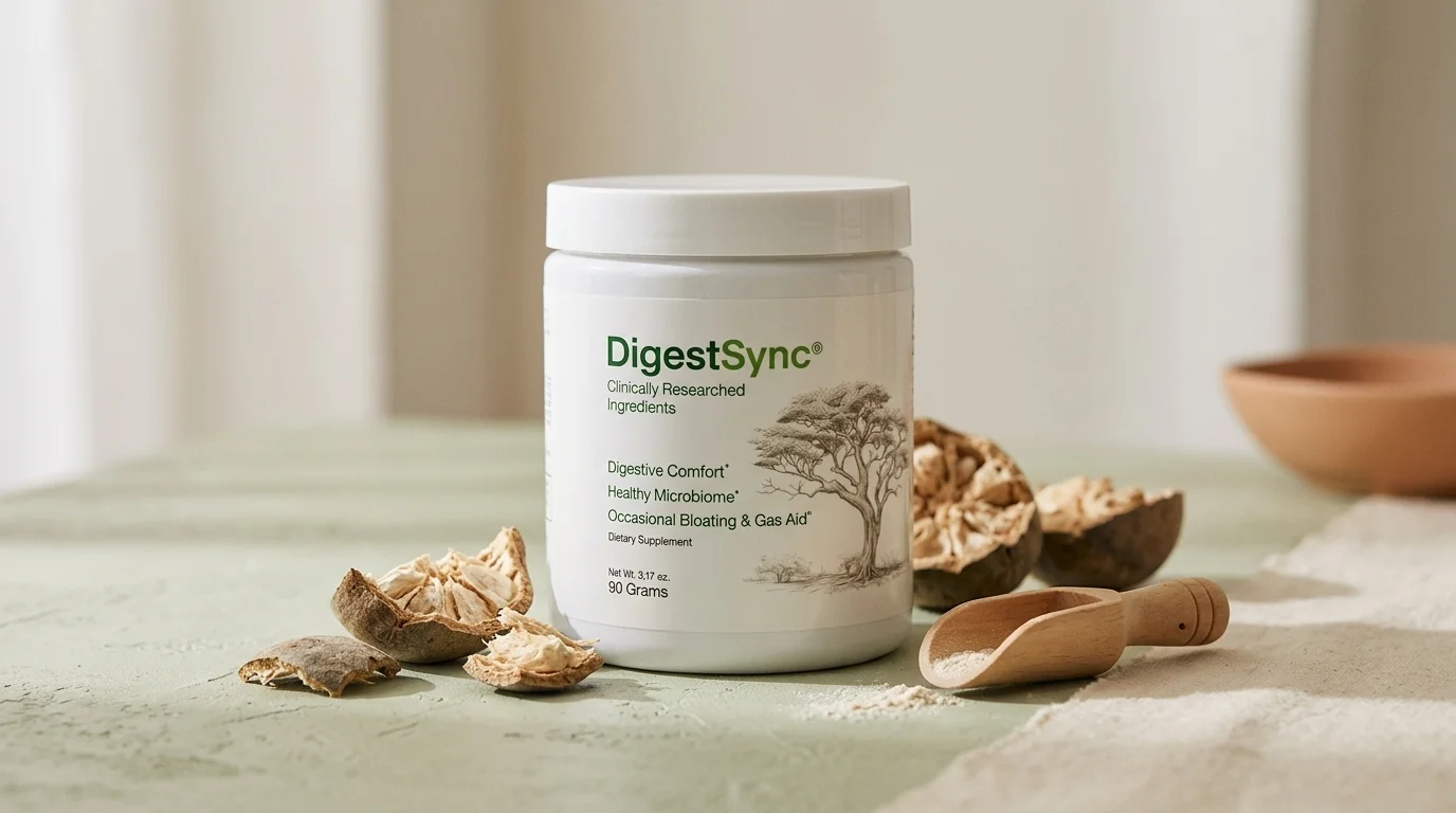 DigestSync gut health supplement jar with baobab and konjac glucomannan powder blend